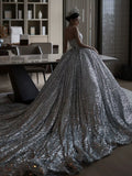 Cifeeo- Dreamy Ball Gown Sweetheart Sequin Silver Long Wedding Dresses With Beads C1803