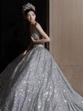 Cifeeo- Dreamy Ball Gown Sweetheart Sequin Silver Long Wedding Dresses With Beads C1803