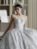 Cifeeo- Dreamy Ball Gown Sweetheart Sequin Silver Long Wedding Dresses With Beads C1803