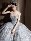 Cifeeo- Dreamy Ball Gown Sweetheart Sequin Silver Long Wedding Dresses With Beads C1803