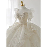 Cifeeo- Luxury Ball Gown Sweetheart Sequin White Long Sleeves Wedding Dresses With Beads C1807