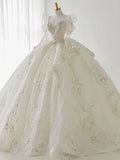 Cifeeo- Luxury Ball Gown Sweetheart Sequin White Long Sleeves Wedding Dresses With Beads C1807