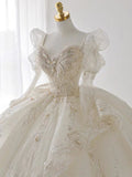 Cifeeo- Luxury Ball Gown Sweetheart Sequin White Long Sleeves Wedding Dresses With Beads C1807