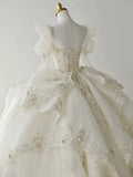 Cifeeo- Luxury Ball Gown Sweetheart Sequin White Long Sleeves Wedding Dresses With Beads C1807