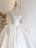 Cifeeo- Simple Ball Gown Sweetheart White Long Sleeves Satin Wedding Dresses With Beads C1808