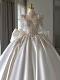 Cifeeo- Chic Ball Gown Sweetheart White Long Sleeves Satin Wedding Dresses With Beads Bow C1809