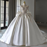 Cifeeo- Chic Ball Gown Sweetheart White Long Sleeves Satin Wedding Dresses With Beads Bow C1809