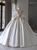 Cifeeo- Chic Ball Gown Sweetheart White Long Sleeves Satin Wedding Dresses With Beads Bow C1809