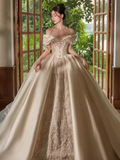 Cifeeo- Luxury Ball Gown Off The Shoulder Neckline Short Sleeves Lace Wedding Dress C180