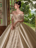 Cifeeo- Luxury Ball Gown Off The Shoulder Neckline Short Sleeves Lace Wedding Dress C180