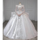 Cifeeo- Chic Ball Gown Scoop White Long Sleeves Sequin Wedding Dresses With Beads Buttons C1810