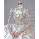 Cifeeo- Chic Ball Gown Scoop White Long Sleeves Sequin Wedding Dresses With Beads Buttons C1810