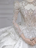 Cifeeo- Chic Ball Gown Scoop White Long Sleeves Sequin Wedding Dresses With Beads Buttons C1810