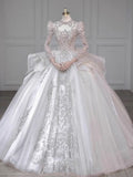 Cifeeo- Chic Ball Gown Scoop White Long Sleeves Sequin Wedding Dresses With Beads Buttons C1810