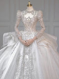 Cifeeo- Chic Ball Gown Scoop White Long Sleeves Sequin Wedding Dresses With Beads Buttons C1810