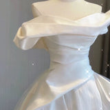 Cifeeo- Sexy Ball Gown Off The Shoulder Satin Long White Wedding Dresses With Ruffles C1812