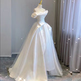 Cifeeo- Sexy Ball Gown Off The Shoulder Satin Long White Wedding Dresses With Ruffles C1812