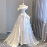 Cifeeo- Sexy Ball Gown Off The Shoulder Satin Long White Wedding Dresses With Ruffles C1812