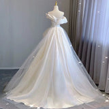 Cifeeo- Sexy Ball Gown Off The Shoulder Satin Long White Wedding Dresses With Ruffles C1812