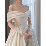 Cifeeo- Timeless Ball Gown Off The Shoulder Satin Long White Wedding Dresses With Lace C1814