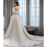 Cifeeo- Timeless Ball Gown Off The Shoulder Satin Long White Wedding Dresses With Lace C1814