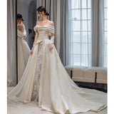 Cifeeo- Timeless Ball Gown Off The Shoulder Satin Long White Wedding Dresses With Lace C1814