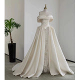 Cifeeo- Timeless Ball Gown Off The Shoulder Satin Long White Wedding Dresses With Lace C1814