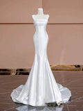 Cifeeo- Timeless Mermaid Strapless Satin Long White Wedding Dresses With Buttons C1816