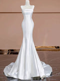 Cifeeo- Timeless Mermaid Strapless Satin Long White Wedding Dresses With Buttons C1816