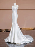 Cifeeo- Timeless Mermaid Strapless Satin Long White Wedding Dresses With Buttons C1816