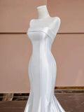 Cifeeo- Timeless Mermaid Strapless Satin Long White Wedding Dresses With Buttons C1816