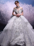 Cifeeo- Luxury Ball Gown Off The Shoulder Neckline Short Sleeves Sequin Wedding Dress C181