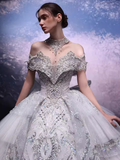 Cifeeo- Luxury Ball Gown Off The Shoulder Neckline Short Sleeves Sequin Wedding Dress C181