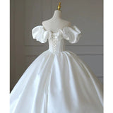 Cifeeo- Simple Ball Gown Off The Shoulder Short Sleeves White Satin Wedding Dresses With Beads C1820