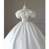 Cifeeo- Simple Ball Gown Off The Shoulder Short Sleeves White Satin Wedding Dresses With Beads C1820