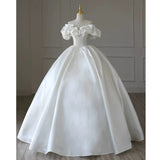 Cifeeo- Simple Ball Gown Off The Shoulder Short Sleeves White Satin Wedding Dresses With Beads C1820