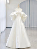 Cifeeo- Simple Ball Gown Sweetheart Short Sleeves White Satin Wedding Dresses C1822