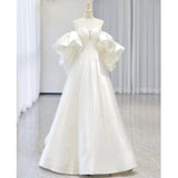 Cifeeo- Simple Ball Gown Sweetheart Short Sleeves White Satin Wedding Dresses C1822