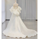 Cifeeo- Simple Ball Gown Sweetheart Short Sleeves White Satin Wedding Dresses C1822