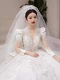 Cifeeo- Luxury Ball Gown Long Sleeves Lace White Wedding Dress C184