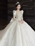 Cifeeo- Luxury Ball Gown Long Sleeves Lace White Wedding Dress C184