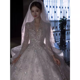 Cifeeo- Luxury Ball Gown V Neckline Long Sleeves Lace Wedding Dress C187