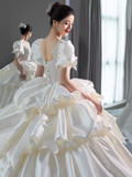 Cifeeo- Unique Ball Gown Puffy Sleeves Lace Satin Wedding Dress C189