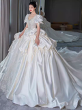 Cifeeo- Unique Ball Gown Puffy Sleeves Lace Satin Wedding Dress C189