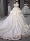 Cifeeo- Unique Ball Gown Puffy Sleeves Lace Satin Wedding Dress C189