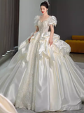 Cifeeo- Unique Ball Gown Puffy Sleeves Lace Satin Wedding Dress C189