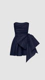 Cifeeo-back to school outfits Cute Sheath Strapless Navy Blue Short Satin Homecoming Dresses Cocktail Dress With Bowknot C1927
