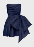 Cifeeo-back to school outfits Cute Sheath Strapless Navy Blue Short Satin Homecoming Dresses Cocktail Dress With Bowknot C1927