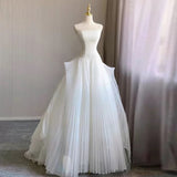 Cifeeo- Chic Ball Gown Strapless Sleeveless White Tulle Wedding Dresses With Ruffles C1958