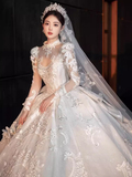 Cifeeo- Elegant Ball Gown High neckline Long Sleeves Satin Wedding Dresses C210